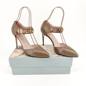 Gucci Sylvie Chain d'Orsay Pumps EU 40 US 10 Tan Leather High Heel Taupe Pointed